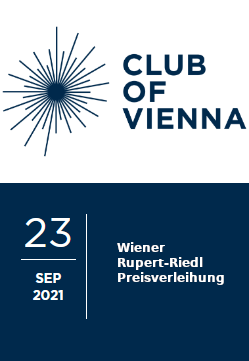 Logo des Club of Vienna (sonnenartig mit Strahlen, die von einem Kreis weggehen); 23. September: Rupert-Riedl-Preisverleihung