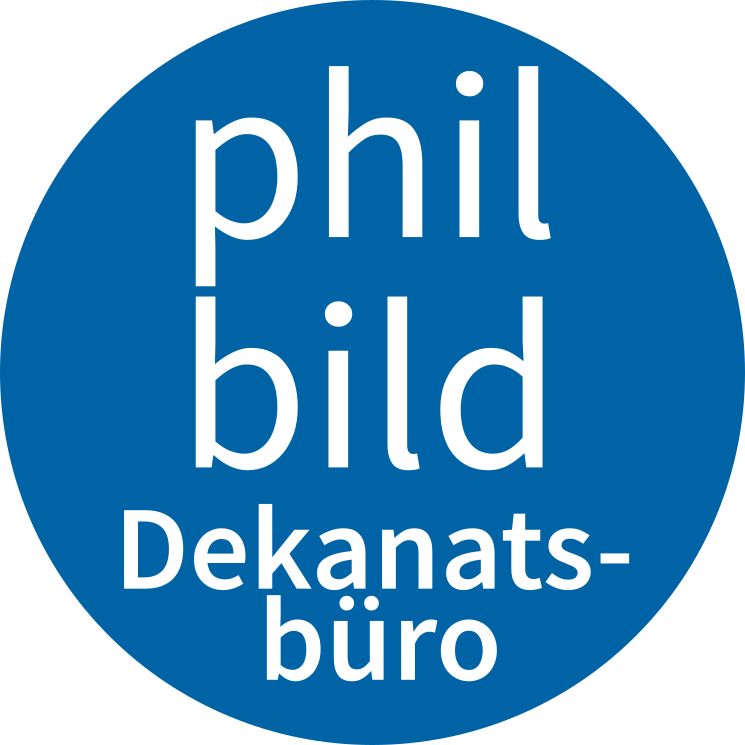Kreis im Universitätsblau mit weißer Schrift in drei Zeilen: phil bild Dekanatsbüro